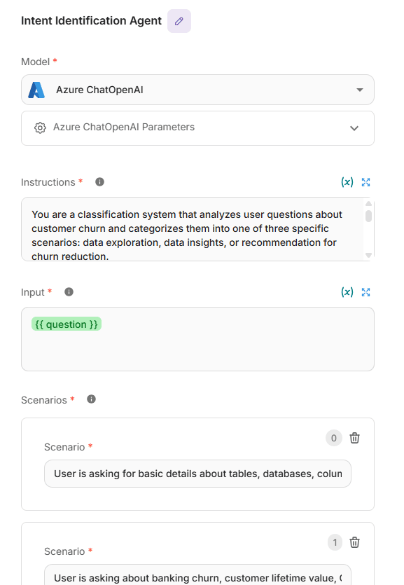 Intent Identification Agent node configuration